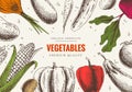 Vegetables hand drawn. Market menu design. Color organic food poster. Linear graphic. Healthy food frame in vintage