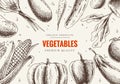Vegetables hand drawn. Market menu design. Organic food poster. Sketch vector illustration. Vegetarian set of organic