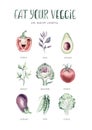 Vegetables healthy green organic set hand drawn watercolor diet menu with artichoke, broccoli, spinach, celery vitamin Royalty Free Stock Photo