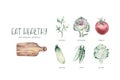 Vegetables healthy organic watercolor wooden cutting board with parsley, artichoke, onion,peas and avocado tomato Royalty Free Stock Photo