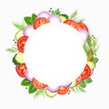 Vegetables and herbs frame template. Purple sliced onion, tomatoes, dill, parsley and laurel leaves border isolated on a white bac