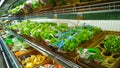 Vegetables, herbs, parsley, green salad on supermarket shelves for sale. Fresh natural food. Healthy eating. Retail industry.