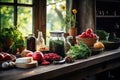 Vegetables and herbs on a wooden table in a rustic kitchen, Healthy food on a wooden table in a rustic kitchen, AI Generated Royalty Free Stock Photo