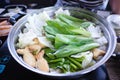 Vegetables in hot pot with meatball  beef sliced . Shabu Shabu is style beef in hot pot dish of thinly sliced meat Royalty Free Stock Photo