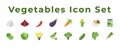 vegetables Icon Set include Onions, garlic, corn, eggplant, cabbage, chili, broccoli, carrots and peas