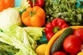 Vegetables and incredients for cooking. Top view and selective focus. Tomato, pepper, cabbage. Royalty Free Stock Photo