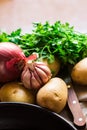 Vegetables ingredients for preparing healthy vegetarian meal, potatoes, onions, garlic, parsley Royalty Free Stock Photo