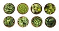 Vegetables isolated on a white. Squash, green peas, broccoli, kale leaves and green bean in wooden bowl. Vegetables with copy spac