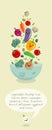 Vegetables kawaii illustration. Multicolored vegetables fly over a large salad bowl. Japanese style.