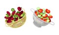 Vegetables in kitchen colander set. Strainers full of beetroot, broccoli, tomato,cucumber vegetables. Healthy organic