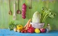 Vegetables, kitchen utensils