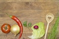 Vegetables and kitchenware on cutting board Royalty Free Stock Photo