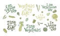 Vegetables lettering guotes set with hand drawing outline vegetables. I am vegan, veggie, vegetarian bro. Vector stock