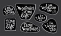 Vegetables lettering guotes set stickers. I am vegan, veggie, vegetarian bro. Vector stock illustration isolated on