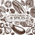 Healthy food vector background. Seamless pattern with hand drawn vegetables, mushrooms and spices sketches. Farm market design in