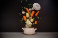 Vegetables in motion before cooking in soup Royalty Free Stock Photo