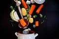 Vegetables in motion before cooking in soup Royalty Free Stock Photo