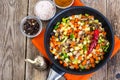 Vegetables with mushrooms, cooked in frying pan Royalty Free Stock Photo