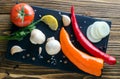 Still life with vegetables and mushrooms on a tray, top view Royalty Free Stock Photo