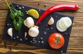 With vegetables and mushrooms on a tray, top view Royalty Free Stock Photo