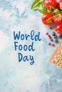 Vegetables on neutral background with text World Food Day Royalty Free Stock Photo