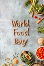 Vegetables on neutral background with text World Food Day Royalty Free Stock Photo