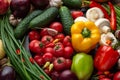 Vegetables and nuts on a brown wooden background