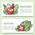Vegetables organic food vector banner set. Veggie design with corn, tomato, cucumber and potato, carrot. Eco farming