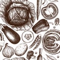 Healthy food vector background with ink hand drawn vegetables sketch. Vintage seamless pattern with fresh products. Organic food d Royalty Free Stock Photo