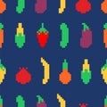 Vegetables pattern pixel art. Carrots and corn 8bit background. Pepper and cucumber 8 bit texture