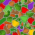 Vegetables pattern seamless. Vegetable background. Tomato and cabbage. Bell pepper and eggplant. Potatoes, onions and broccoli.