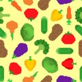 Vegetables pixel art pattern seamless. 8 bit Vegetable background . Pixelate Tomato and cabbage. Bell pepper and eggplant.