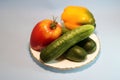 Vegetables in a plate on a gray background.