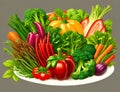 Vegetables in a plate on a gray background. Vector illustration.