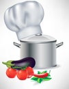 Vegetables and pot with cooking chef hat