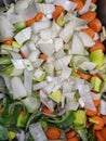 Vegetables prepared for further processing, chopped onion, carrot and leek, colorful vegetables, homemade food, home cooking Royalty Free Stock Photo