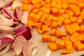 Vegetables - pumpkin and red onion - on a tray prepared for roasting in the oven Royalty Free Stock Photo