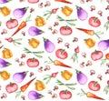 Vegetables radish mushroom scallion eggplant pepper carrot tomato seamless wallpaper