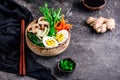 Vegetables ramen soup in ceramic bowl. .style vintage