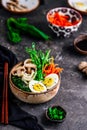 Vegetables ramen soup in ceramic bowl. .style vintage