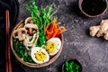 Vegetables ramen soup in ceramic bowl. .style vintage