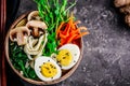 Vegetables ramen soup in ceramic bowl. .style vintage