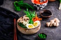 Vegetables ramen soup in ceramic bowl. .style vintage