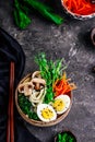 Vegetables ramen soup in ceramic bowl. .style vintage