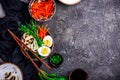 Vegetables ramen soup in ceramic bowl. .style vintage