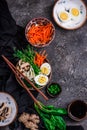 Vegetables ramen soup in ceramic bowl. .style vintage