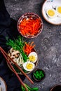 Vegetables ramen soup in ceramic bowl. .style vintage