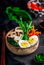 Vegetables ramen soup in ceramic bowl. .style vintage