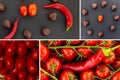 Vegetables red tomatoes on a black background hot pepper chestnut. Vegetable chestnut center cherry tomato pepper chili red Royalty Free Stock Photo