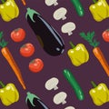 Vegetables repeat pattern includes carrot, eggplant, cucumber, champignon musrooms, tomato, yellow sweet pepper on purple color ba